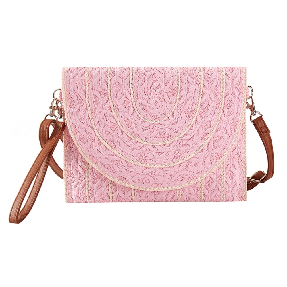 Pink Stitched Wristlet Straw Clutch Bag Purse Crossbody Womens Accessory